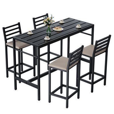 Ensemble de bar extérieur 5 pièces, table rectangulaire à hauteur de comptoir de 50 po et 4 tabourets en métal rembourrés de 41 po, table de bar et chaises pour le bord de la piscine, le balcon et la cour