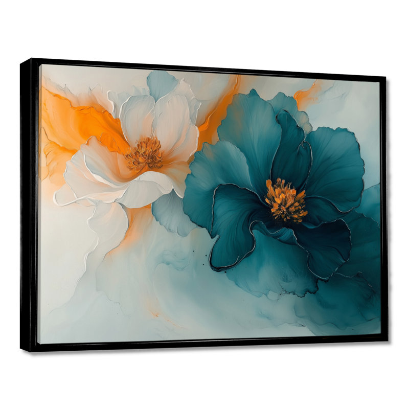 Abstrait, Renoncule doré et lueur turquoise I - Renoncule, art mural, H 12 po x l 20 po, Picture Framed, Noir