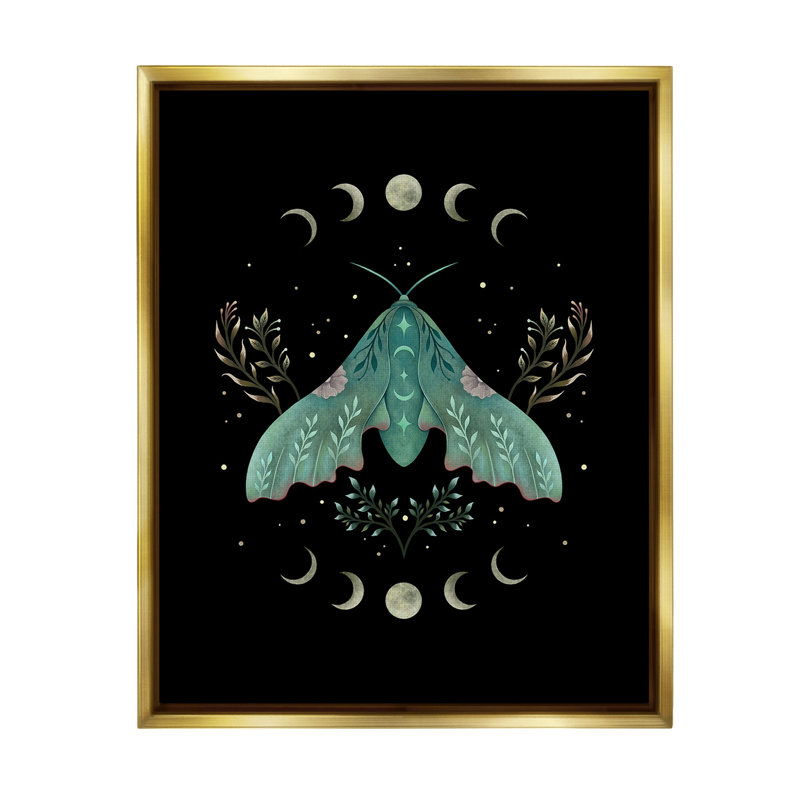 "Papillon céleste et lune" sur toile, Cadre flottant métallique doré, H 21 po x l 17 po