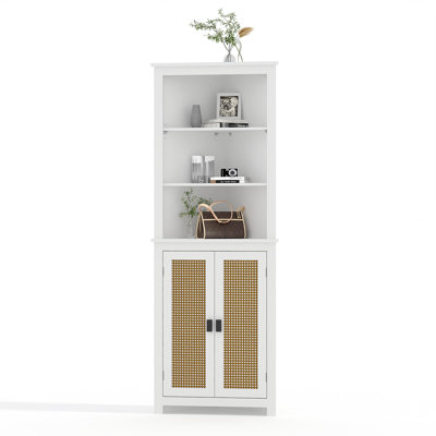 Meuble de coin de style ferme, gain de place - 162,5 cm de hauteur, rangement avec 2 portes coulissantes de style grange - 6 étagères réglables - Idéal pour l'entrée, la cuisine, la salle de bain ou le salon - Blanc