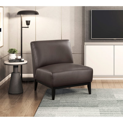 Mobilier de salon contemporain en cuir, chaise Buffalo 100% grain supérieur, fabrication en bois massif et contreplaqué, chaise confortable avec coussins bruns, pieds à finition noire, poids de 300 lb