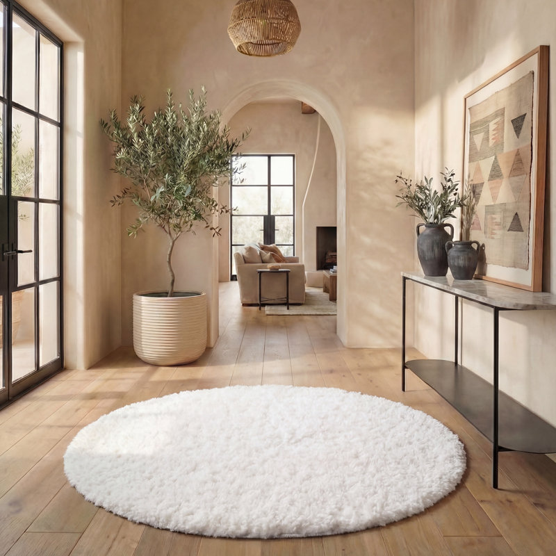 Brittney Performance solid color shag rug, Rond 4 pi, White