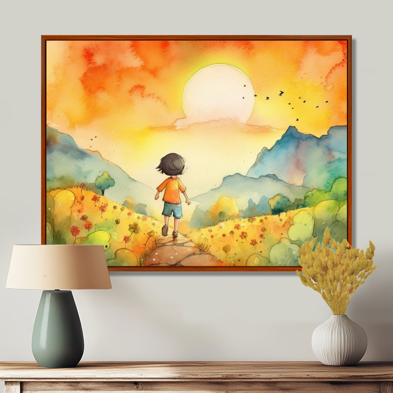 Enfants, art mural sur toile, H 12 po x l 20 po, Reproduction avec cadre flottant, Brun