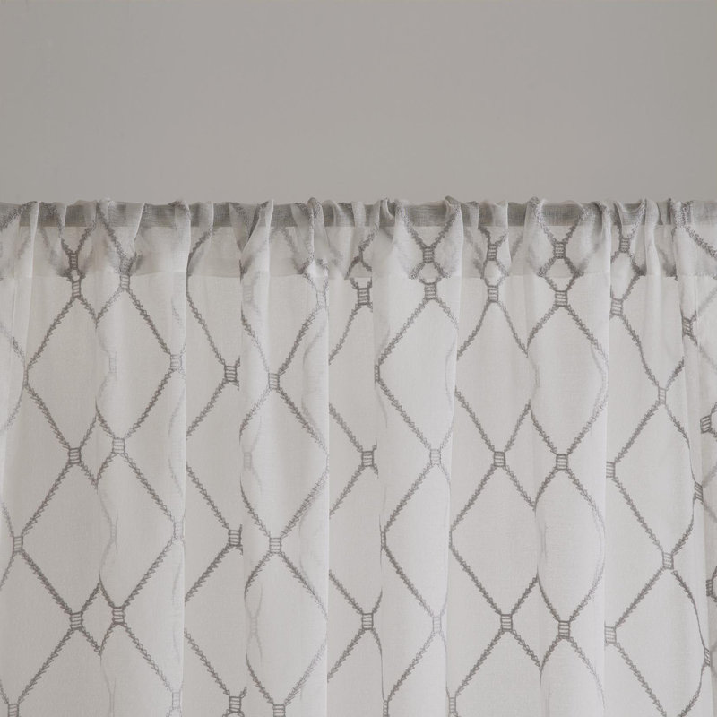 Gray Sheer Embroidered Diamond Rod Pocket Curtain Panel