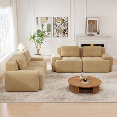 Ensemble de canapé de salon 2 pièces en velours côtelé avec 4 sièges capitonnés sans assemblage, beige sable