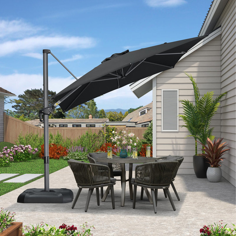 8' Square Cantilever Black Umbrella with Base and 360-degree Rotation, Black