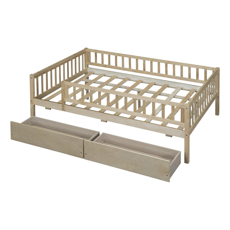Lit de jour double en bois avec 2 tiroirs de rangement, base de lit plateforme, conception compacte, naturel, Natural