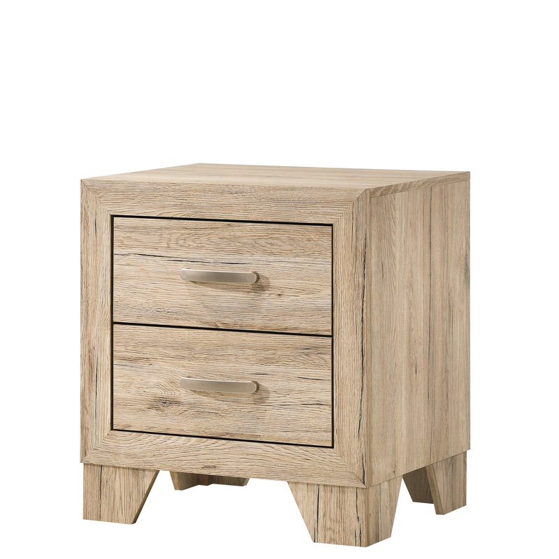 Table de chevet contemporaine 2 en bois avec finition naturelle et poignées en métal