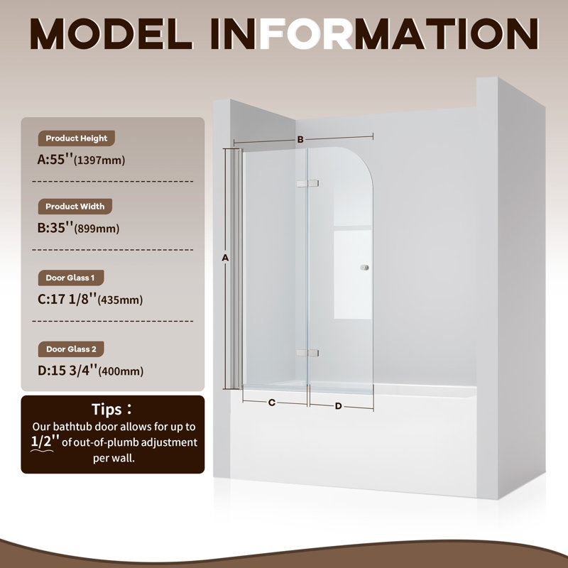 Porte de baignoire en verre trempé sans cadre avec revêtement facile à nettoyer et porte pivotante l 35 po x H 55 po