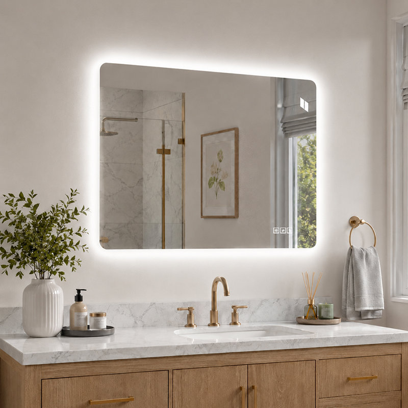 LED Bathroom Vanity Mirror with 5mm Copper Free Silver Glass 3 Color Dimmable Lighting Anti Fog Memory Function Horizontal Vertical Wall Mounted