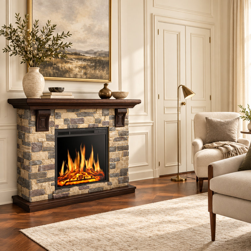 50.6" W Faux Stone Electric Fireplace TV Stand with Remote and Adjustable Flames for TVs up to 60"