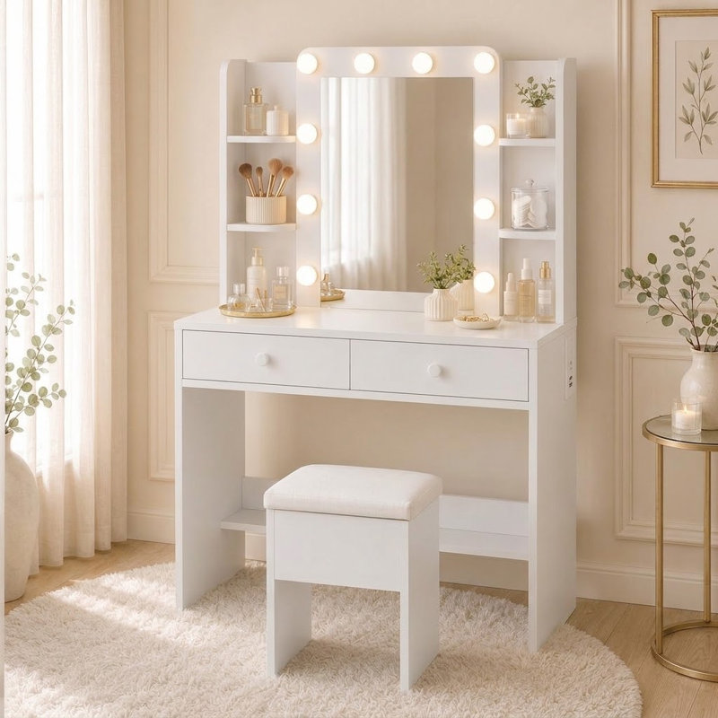 Ensemble de coiffeuse avec miroir lumineux et 6 tablettes ouvertes, 2 tiroirs et tabouret de rangement, White