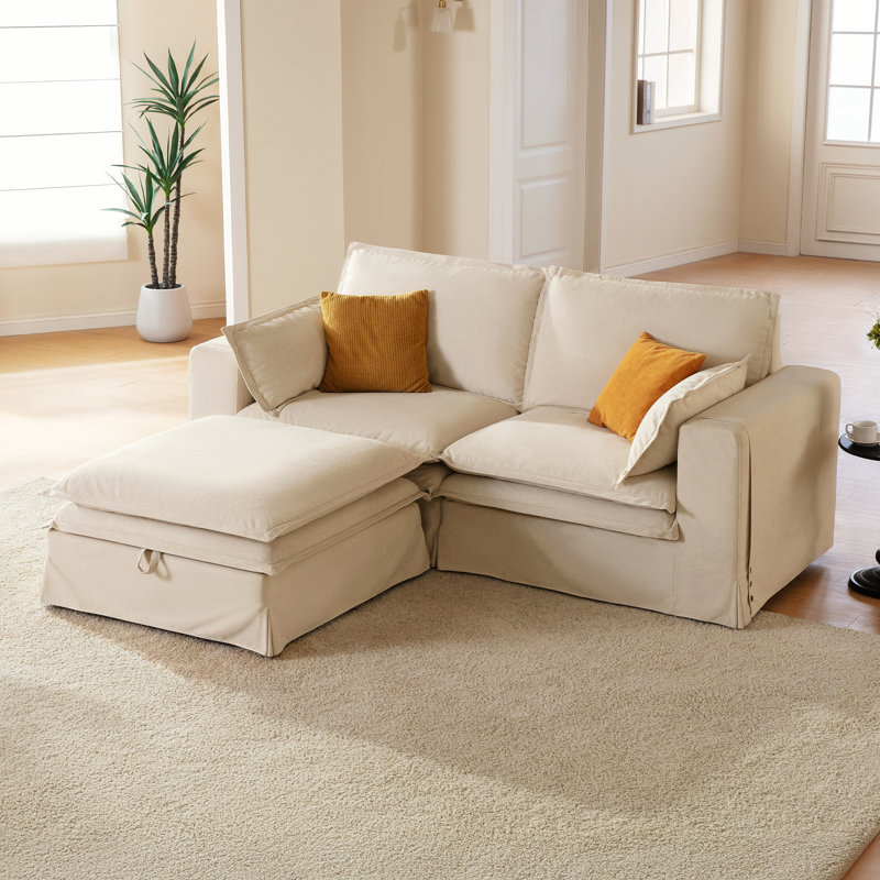 L-shaped Oversized Enveloping Feel Double-decker Loveseat Sofa With A Storage Ottoman, Beige