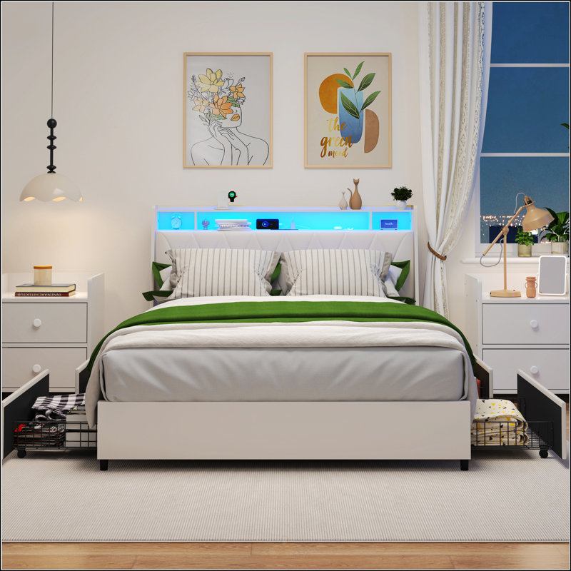 Structure de grand lit avec tête de lit ergonomique, plateforme, prises intégrées, chargeur et tablette de rangement, sans bruit, aucun sommier nécessaire