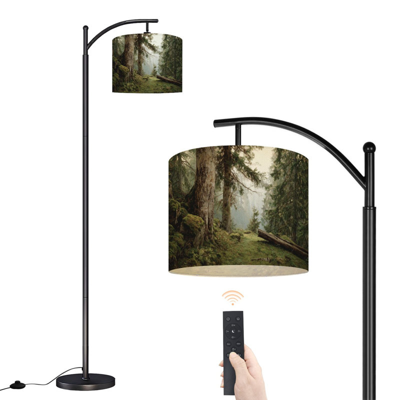  Lampe sur pied à arc avec épinette de forêt naturelle, lumière chaude, soleil levant, grande lampe sur pied moderne, abat-jour réglable en lin à 3 couleurs