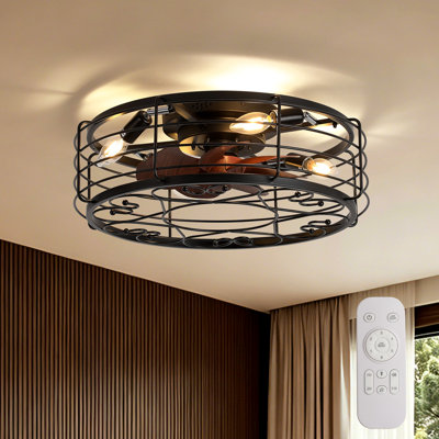 Ventilateur de plafond encastré à cage noire 19,7 po à 4 lumières, Fandelier à profil bas avec télécommande à 6 vitesses, moteur à courant continu réversible, minuterie