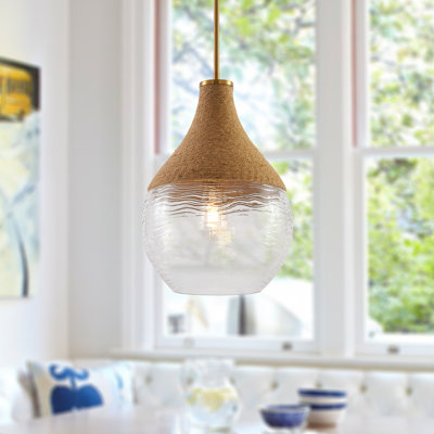 13" Boho Ripple Glass Pendant Light With Jute Rope Wrapped Shade, Brushed Gold Iron Hanging Light, Adjustable Height Kitchen Island Pendant