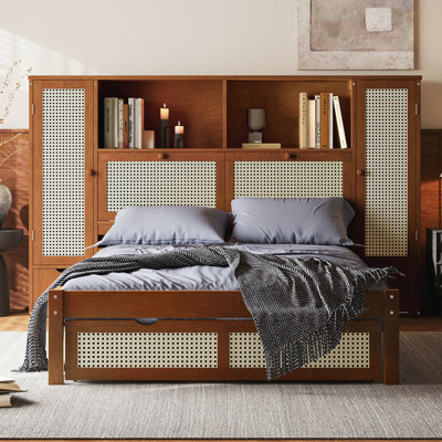 Wooden Bed with Storage and Natural Rattan Design