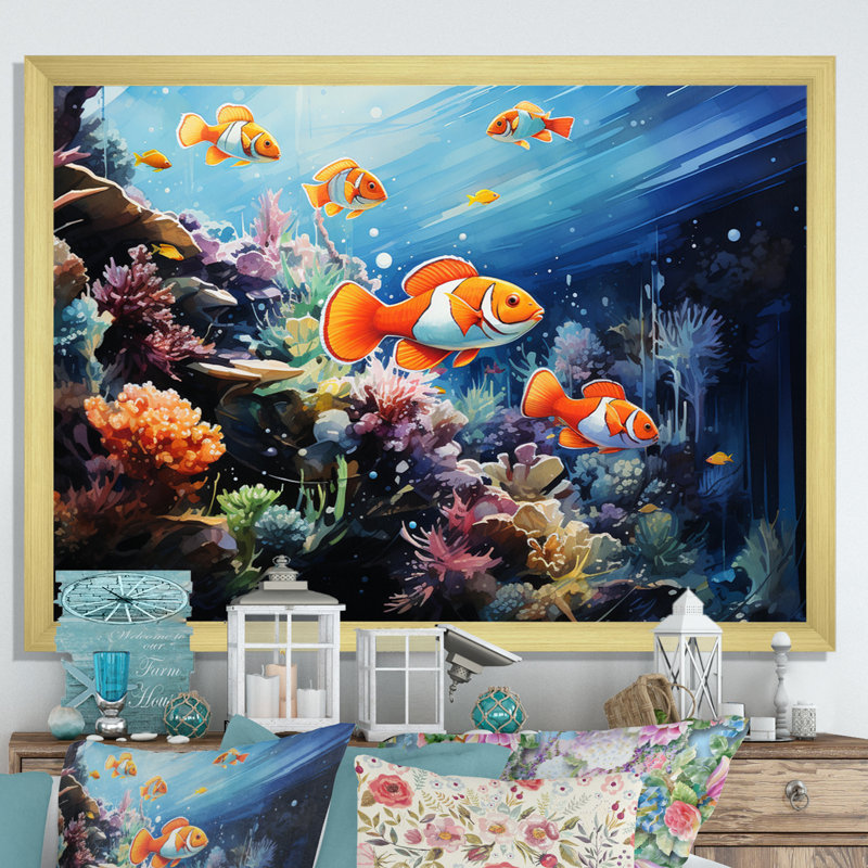 Aquariums, merveilles marines - impression, Encadrement doré, H 34 po x l 44 po x P 1,5 po