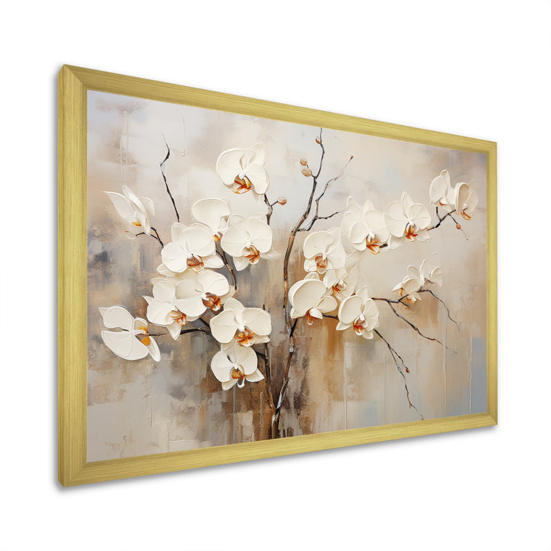 Orchidée beige épanouie sur toile, Cadre doré simple, H 30 po x l 40 po x P 1,5 po
