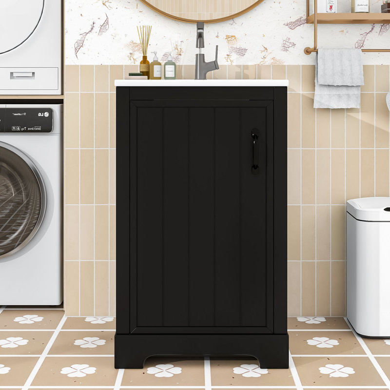 Meuble-lavabo de 20 po avec lavabo en céramique, support de rangement et tablette réglable, Noir