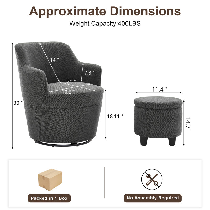 360 Modern Swivel Barrel Chair with Ottoman, Dark Gray