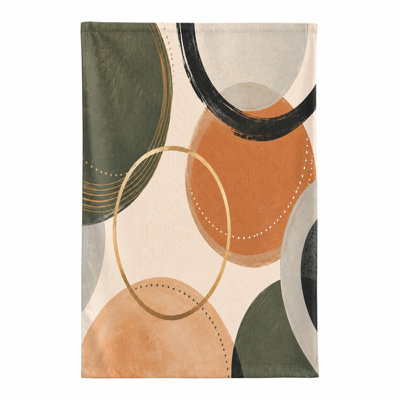 1Pcs Abstract Geometric Beach Towel, featuring a modern art design with circles and brush strokes in terracotta, olive green, black on cream background. Large microfiber, perfect for, pool, travel, camping, unisex.
