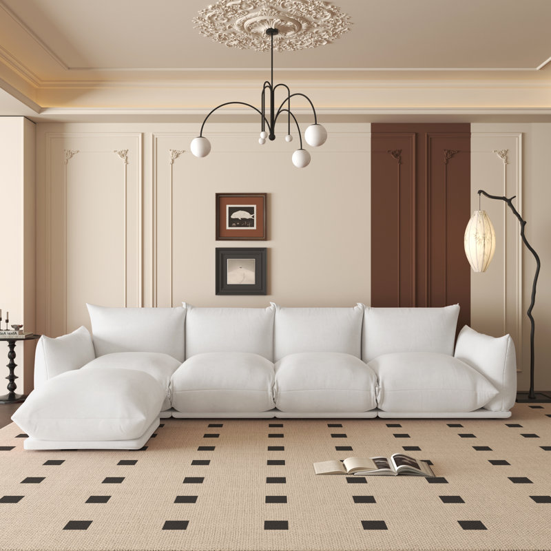 Minarik 4-Seat Chenille Fabric Upholstered Sectional Sofa With Ottoman, White Chenille