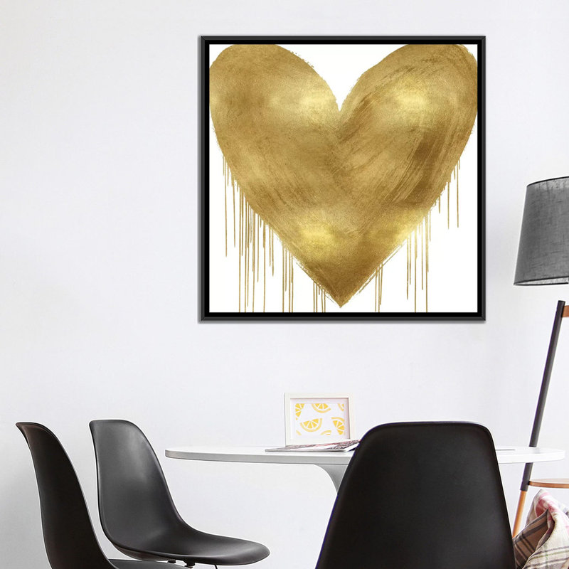 Impression de grand cœur doré par Lindsay Rodgers-impression, H 12 po x l 12 po x P 1 po, Toile avec cadre noir, Pas de tapis