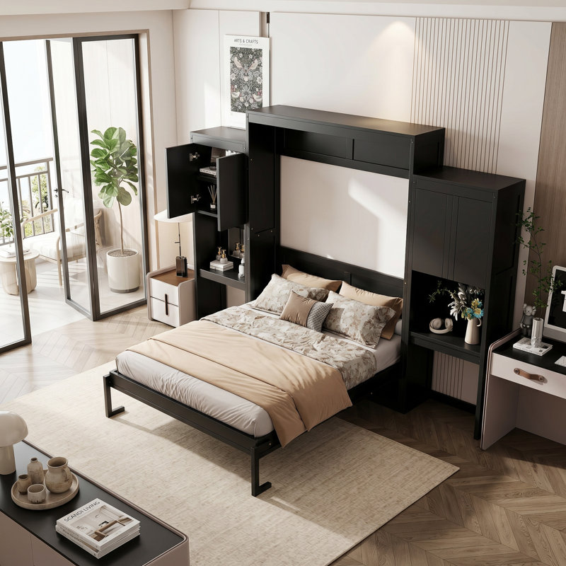 Grand lit escamotable avec bureau, meuble-lavabo rabattable et rangement pour armoire, lit mural peu encombrant, Noir