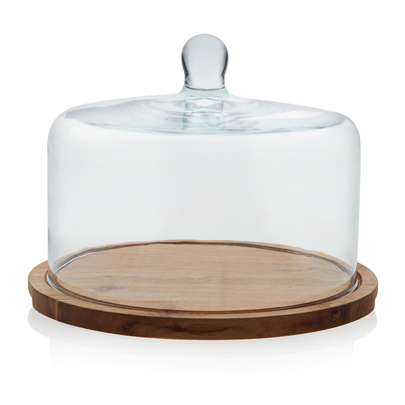 Acacia Wood Round Cake Stand with Glass Dome Lid