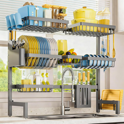 Égouttoir à vaisselle au-dessus de l'évier, égouttoir à vaisselle pour comptoir de cuisine | Organisateur de rangement en acier inoxydable avec porte-couteaux et crochets réglables, P 11,8 po x l 31,5 po x l 30 po, gris
