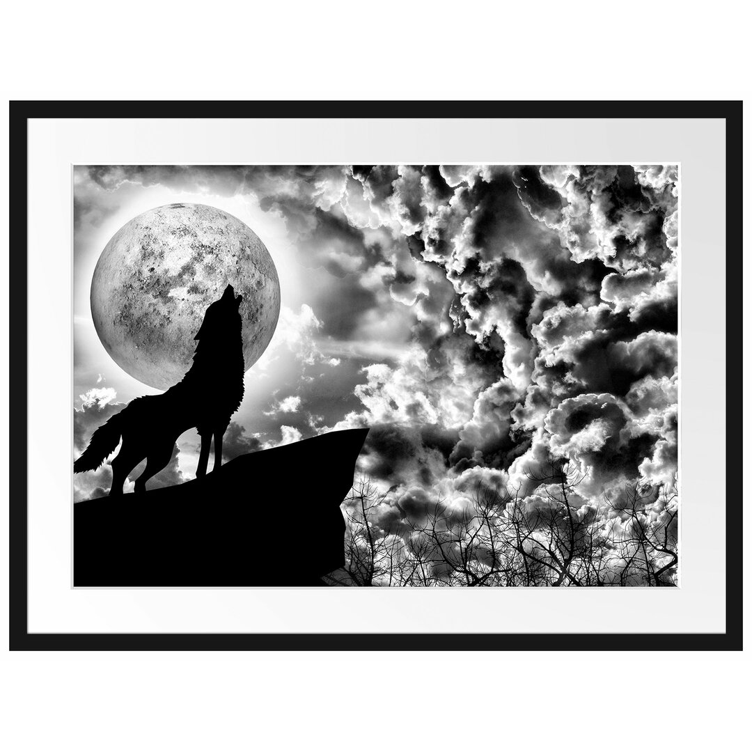 Gerahmtes Poster Wolf heult den Mond an