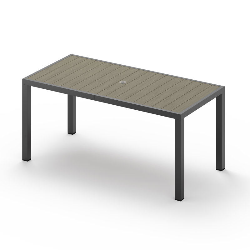 Table de jardin rectangulaire de 170 cm (67 po) avec structure en aluminium, plateau en polystyrène expansé imitation bois et trou pour parasol de 4 cm (1,6 po).