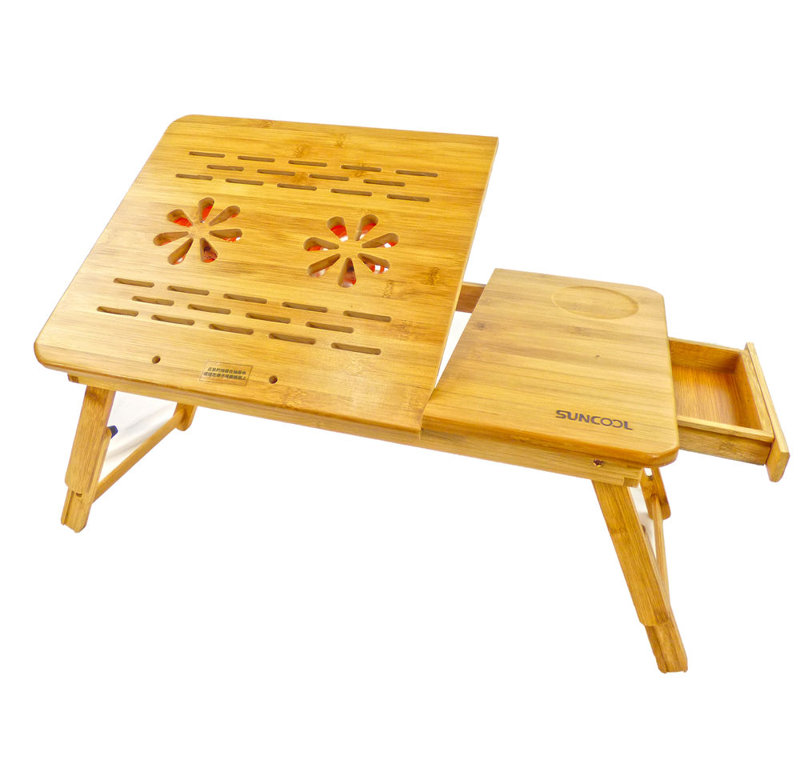 Plateau pour ordinateur portable inclinable et inclinable à hauteur moyenne en bambou à 8 angles avec ventilateur USB
