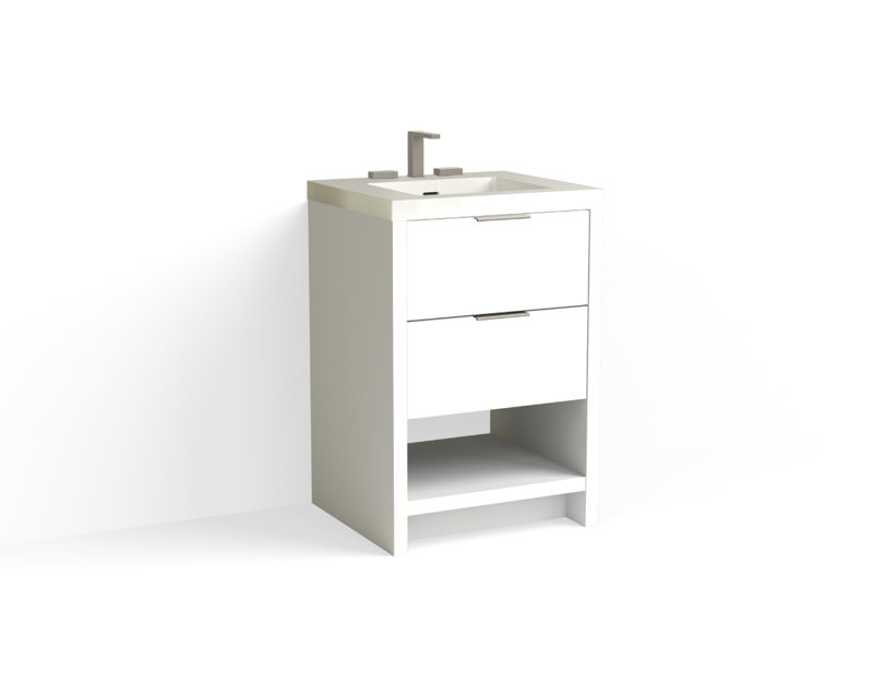 Vue 24" W Freestanding Single Bathroom Vanity, Glossy White/8" Widespread, White Nanomatte, Satin Nickel