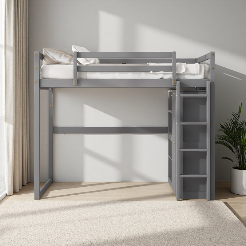 Lit mezzanine double en bois avec garde-robe intégrée et tablettes de rangement, lumière DEL, Gris