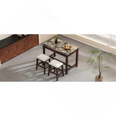 Ensemble de table de salle à manger 3 pièces pour 2 personnes, ensemble de 2 tables de cuisine à hauteur de comptoir et 2 chaises avec tiroirs de rangement, table de salle à manger en marbre avec 2 chaises rembourrées pour petits espaces