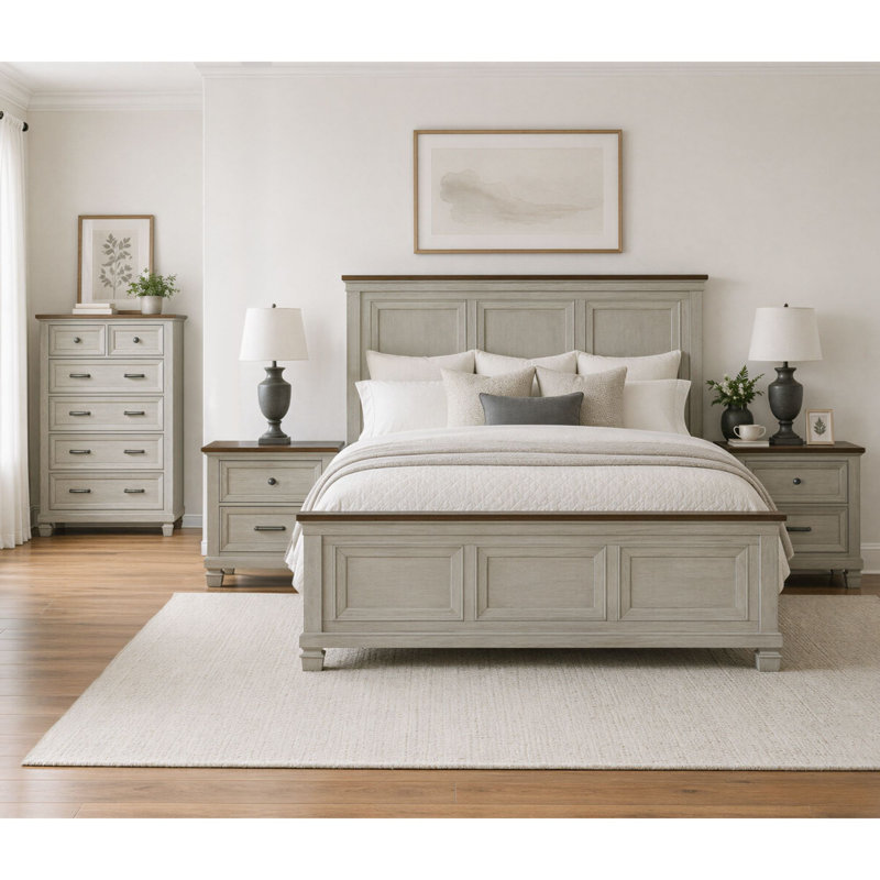 Clayton Panel Bedroom Set In Medium Brown And Washed Stone, King, 3 Pcs: Bed, Chest, Nightstand