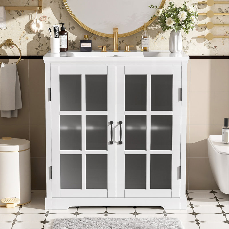 Meuble-lavabo moderne de 30 po avec lavabo en céramique, meuble-lavabo avec verre trempé flou et poignées noir mat, équipé d'un grand espace de rangement et d'un cadre en bois d'hévéa, blanc