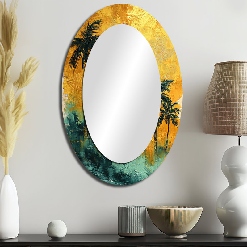 Emerald Palmiers sur Golden Tropical Sunrise I - miroir mural ovale vert tropical, 36 po x 24 po