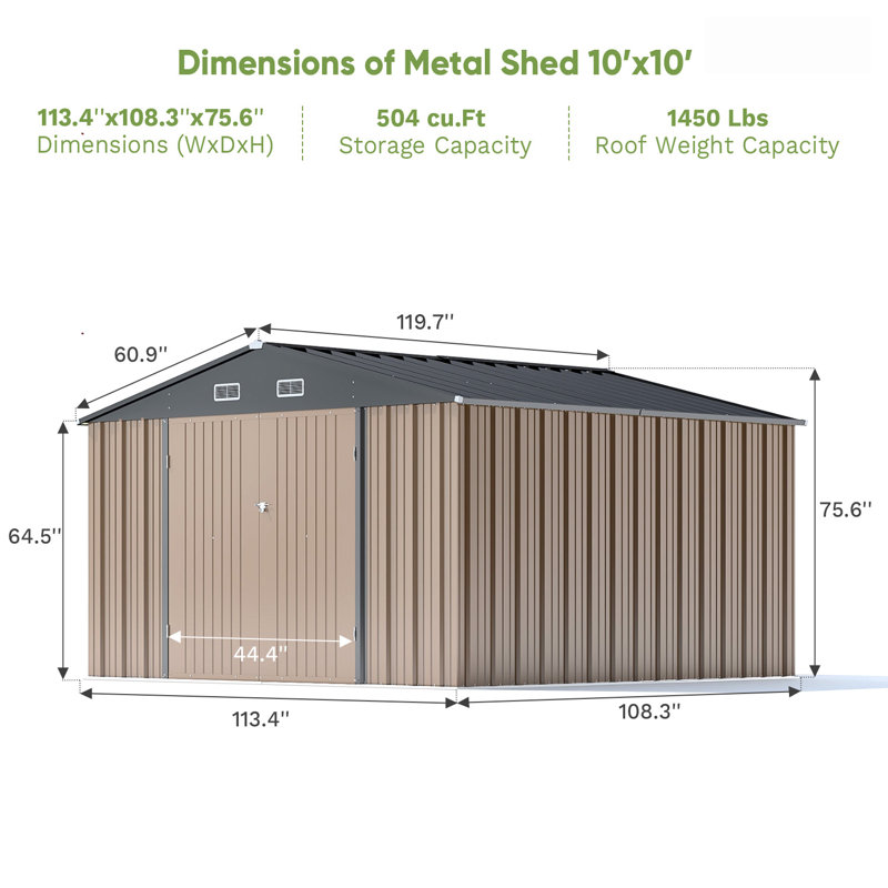 Outdoor Metal Storage Tool Shed, Brown/Black, 76.4" H x 121" W x 120" D