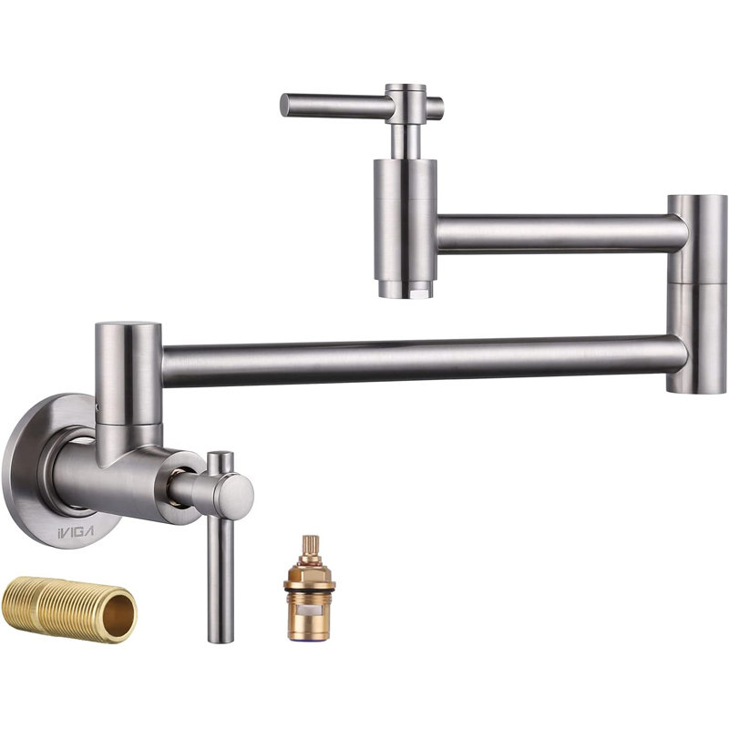 Brass Wall Mounted Two-Handle Pot Filler Kitchen Faucet with Double Joint Swing Arm, Nickel