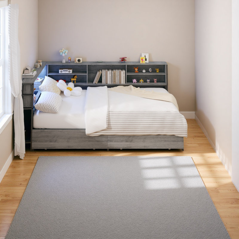 Corner Daybed With Storage Drawers, Bookcase Headboard, LED Lighting & USB Charging Station, Twin