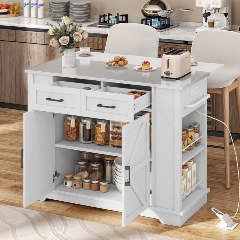 Rolling Portable Mobile Kitchen Island Cart On Wheels With Stainless Steel Metal Top Drop Leaf Power Outlet Storage Drawer Cabinet