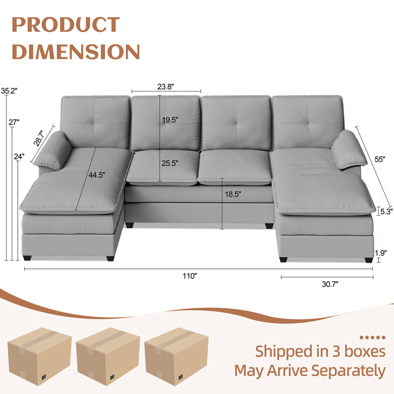 Rezarta 3-Piece Upholstered Sectional, Light Gray Linen Blend
