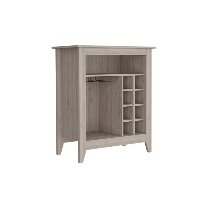 Bar Cabinet Castle, One Open Shelf, Six Wine Cubbies, Light Gray Finish