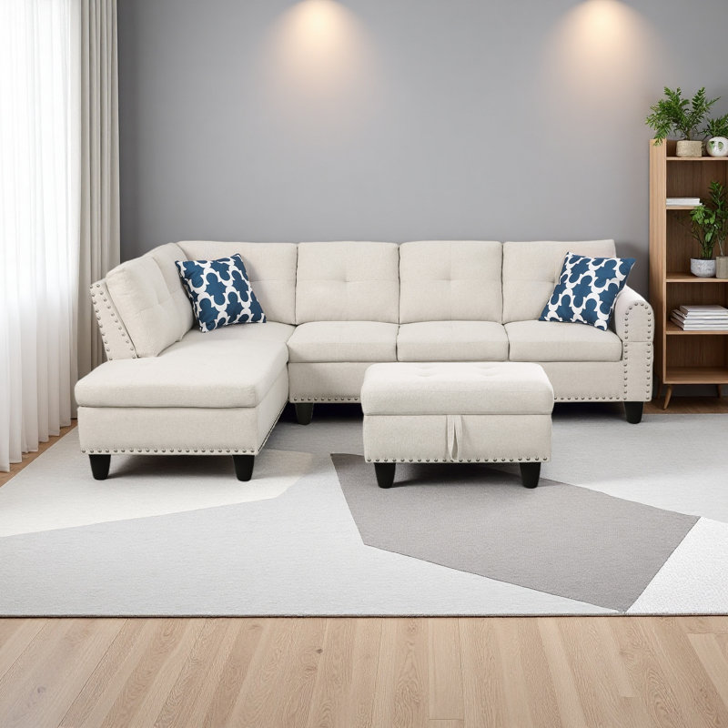 Storage Ottoman - Paired L - Shaped Sofa, Beige