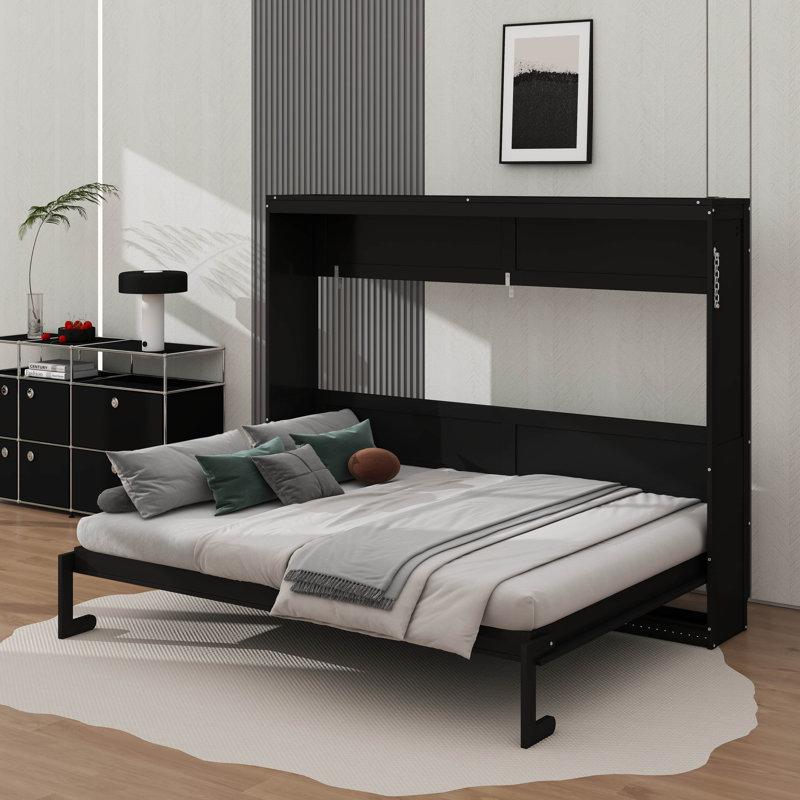 Lit escamotable mural en bois avec motif imprimé tendance, éclairage DEL sous le lit et prise USB intégrée, Noir