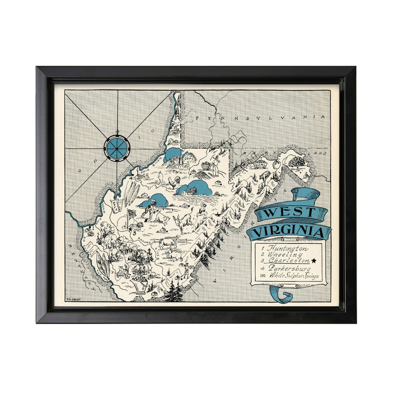 Carte illustrée de West Virginia, Cadre noir, Canevas, H 11 po x l 14 po